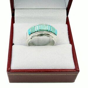 Calvin Begay Marked Sterling Silver Turquoise Channel Inlay Ring Sz 7.5